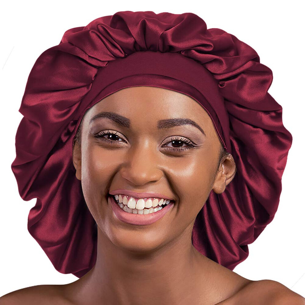 Alnorm Red Silk Satin Bonnet Sleep Cap Extra Large For Braids Locs Curls Hair Wine