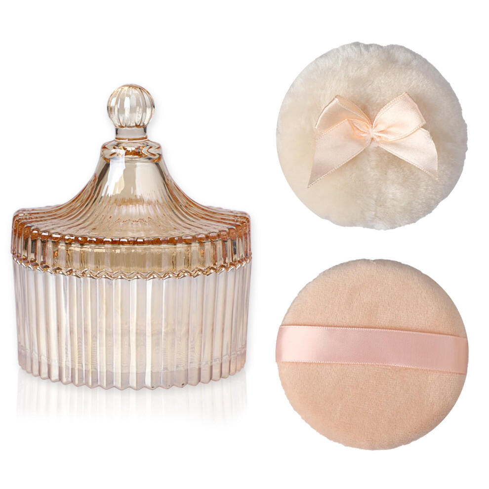 Sumtree Glass Body Powder Puffs And Container, Dusting Powder Container With 2 Puffs Washable And Reusable For Women