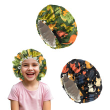 Deokke 2 PCS Shower Cap Kids Satin Bonnet Adjustable Double Layer Child Sleeping Cap Cute Colorful Night Sleep Caps (M18-Dinosaur Cat)