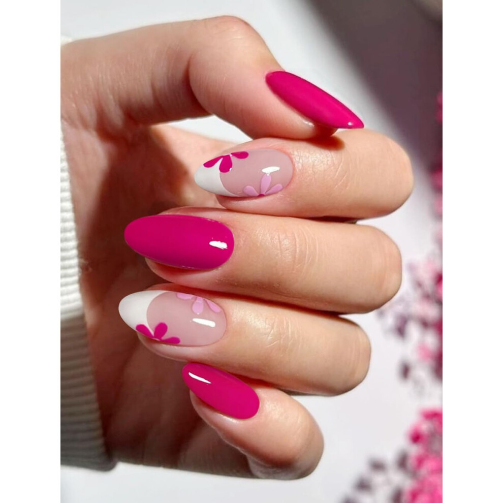 Jmeowio Pink Gel Nail Stickers Flower French Tip Semi Cured Gel Nail Strips Wraps Uv/Led Nails Art Design Decoration Accessories