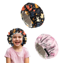 Deokke 2 PCS Shower Cap Kids Satin Bonnet Adjustable Double Layer Child Sleeping Cap Cute Colorful Night Sleep Caps (M14-Cat Bowknot)