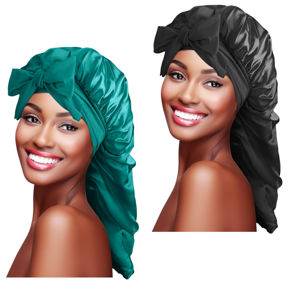 Vieinkaufen 2 Pcs Extra Long Bonnet Silk Sleep Cap, Silk Hair Bonnet Shower Cap Adjustable Satin Sleep Cap Satin Bonnet For Women Girls Black Curly