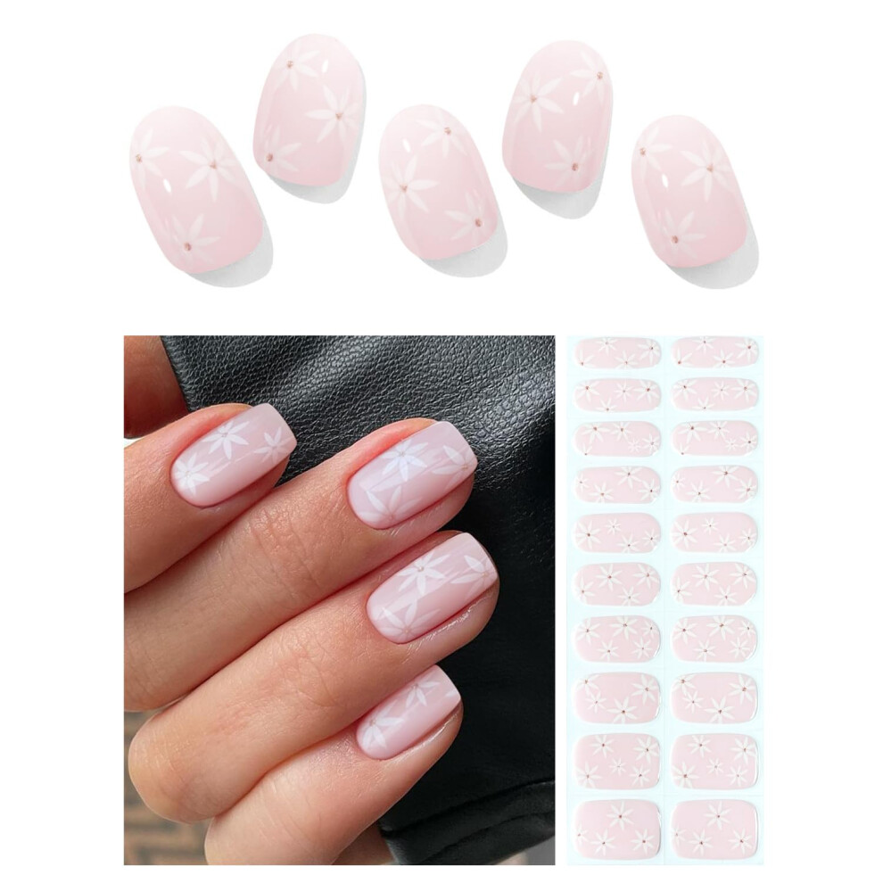 Autyamee Pink/White/Light Semi Cured Gel Nail Strips ( & Flower), 20 Pcs Gel Nail Wraps, Stickers, Uv Required, Salon Quality, Long Lasting
