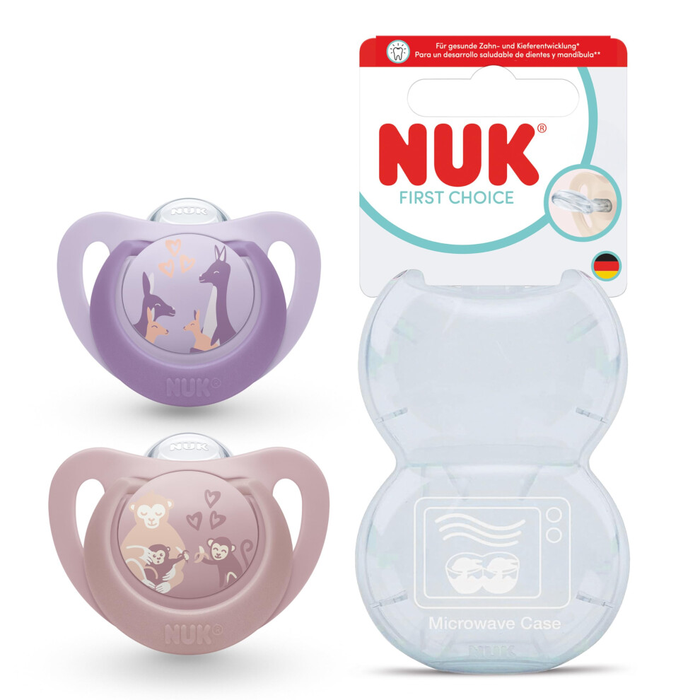 Nuk First Choice Baby Dummies | 6-18 Months | Orthodontic Soothers | Soothes 99% Of Babies** | Monkey & Kangaroo | 2 Count