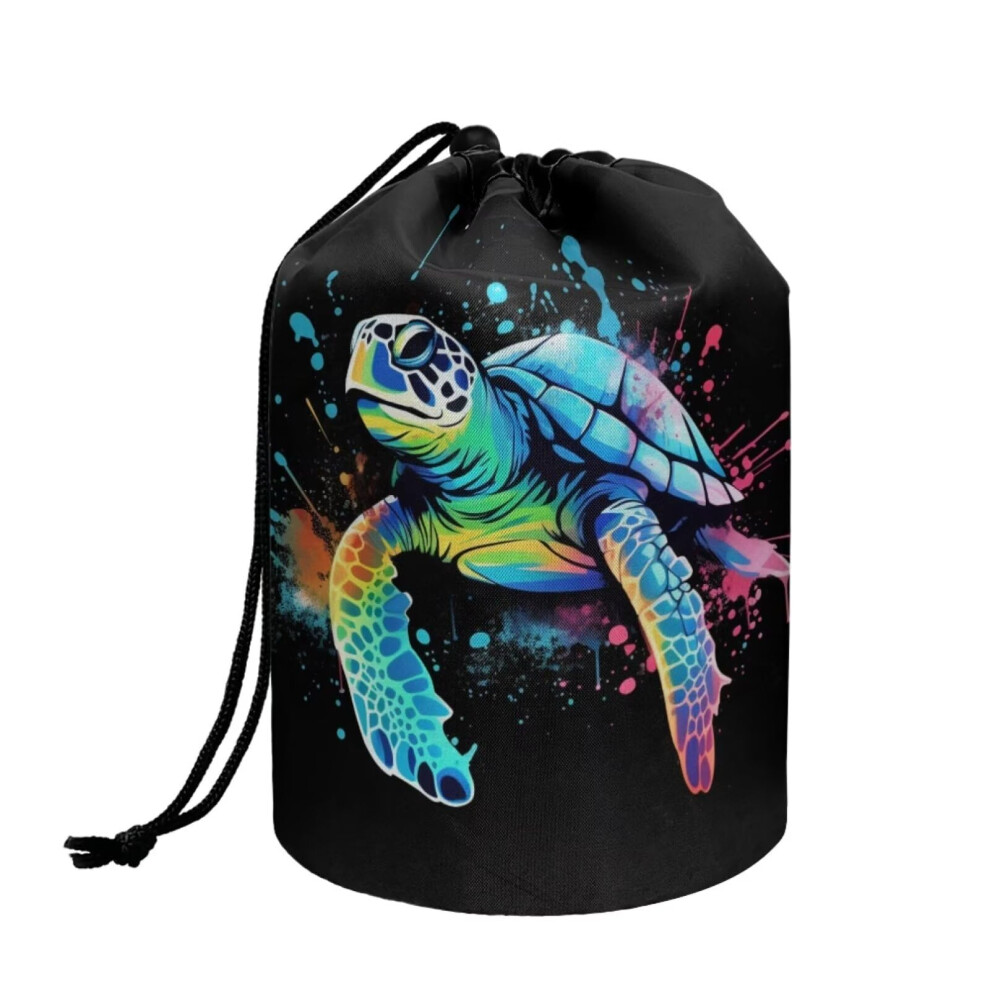 Chaqlin Black Sea Turtle Travel Cosmetic Bags Barrel Makeup Bag,Portable Foldable Cases Multifunctional Toiletry Bucket Bags Round Organizer Storage