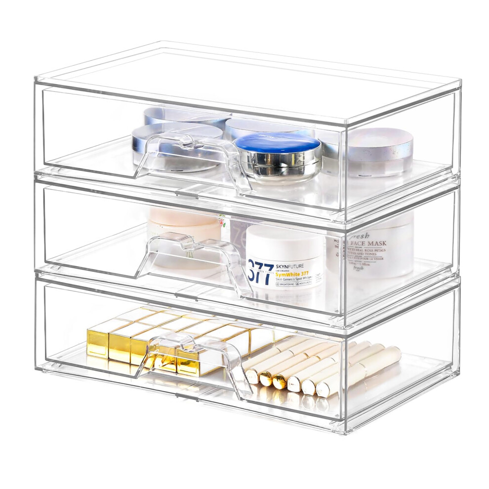 Stebopum 3Pack Stackable Plastic Storage Drawers Clear Drawer Organiser Acrylic Makeup Organiser,Ideal For Bathroom Storage Box,Vanity