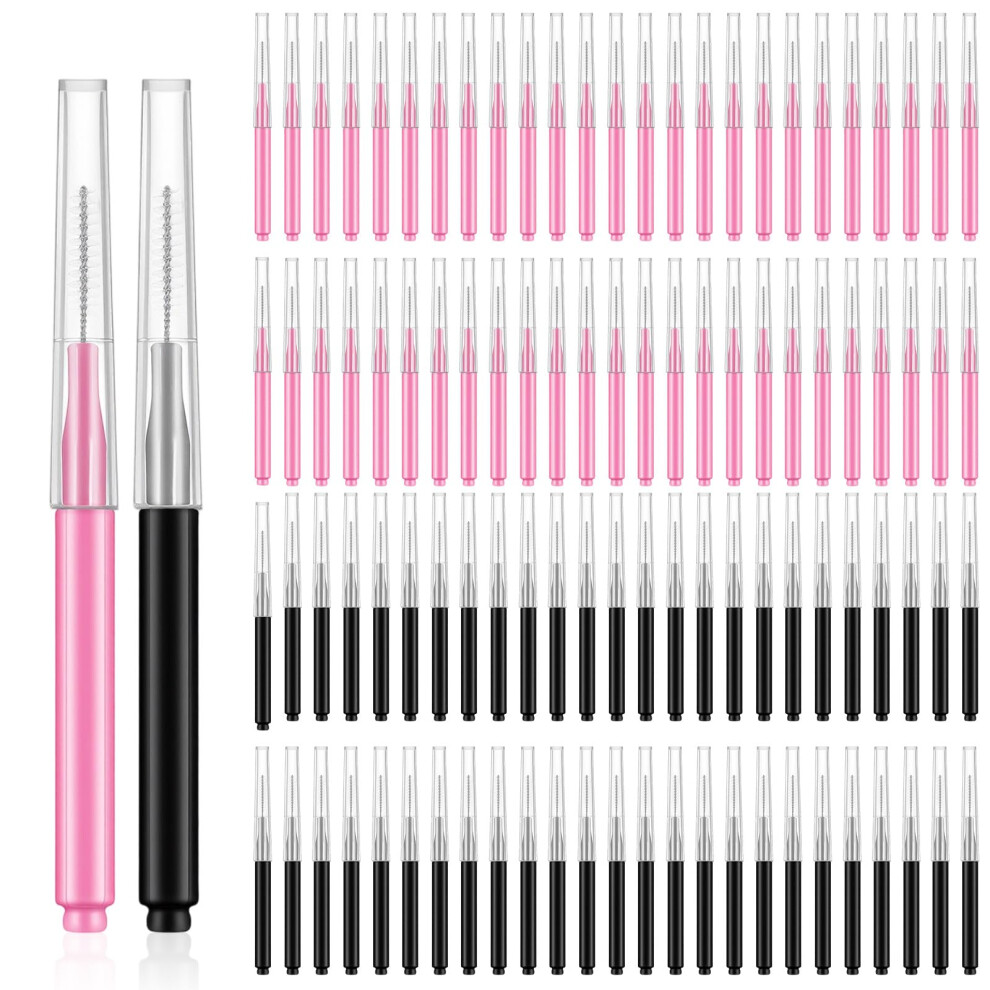 Xelsluthe Pink/Black 100 Pcs Micro Eyebrow Brush, Brow Eyelash Lamination Brushes With Cap, Portable Eyebrow Spoolie Brush Multifunction Mini Brow Spoolies For Eyebrows