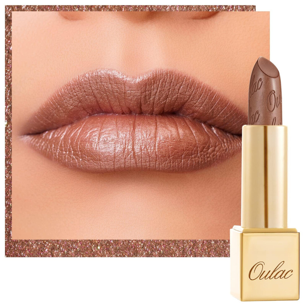 Oulac Metallic Shine Glitter Lipstick, Brown High Impact Lipcolor, Lightweight Soft And Ultra Hydrating, Long Lasting, Vegan & Cruelty-Free