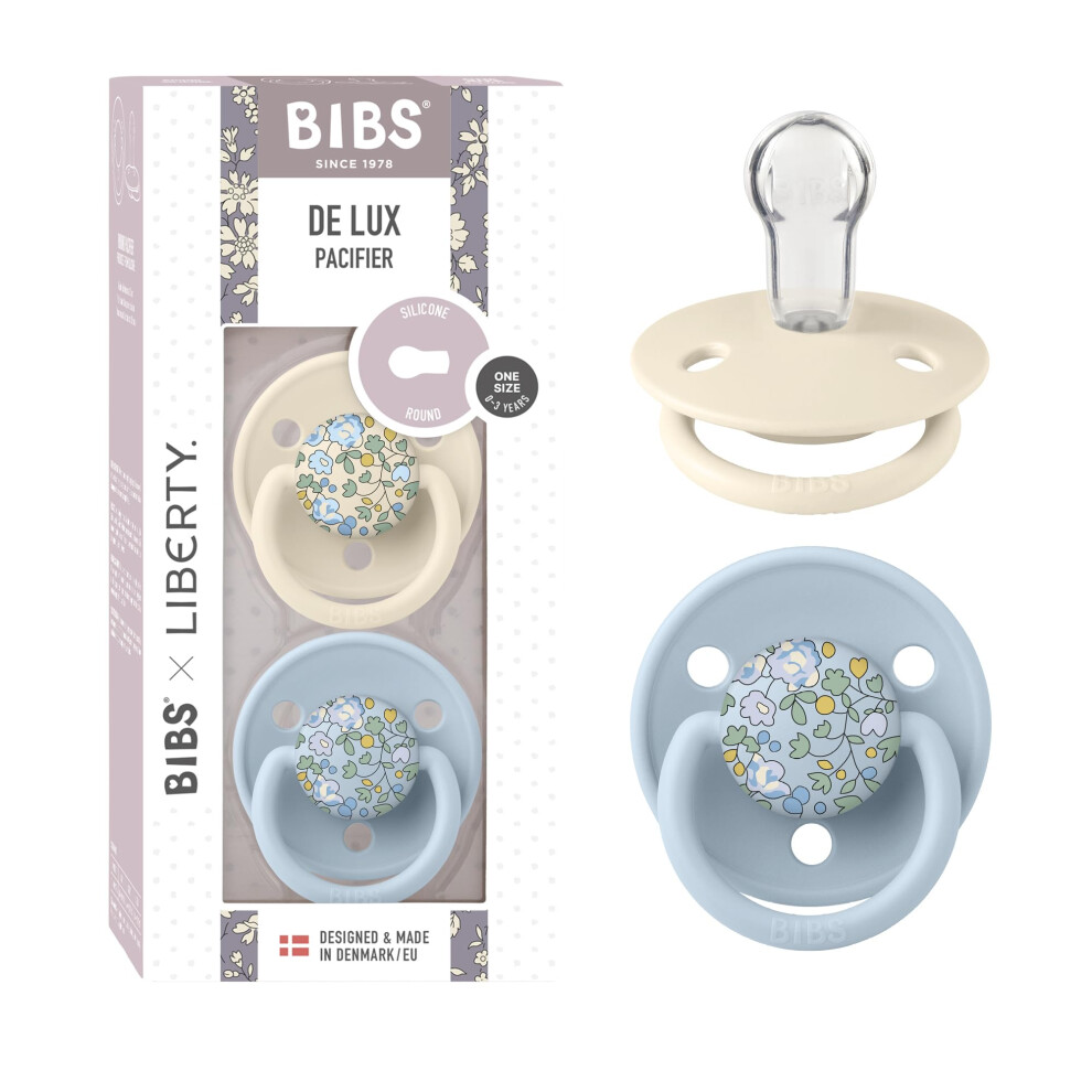 De Lux Liberty Dummies 2-Pack, Bpa Free Dummy Pacifier, Round Nipple. Silicone, Made In Denmark, Onesize (0-36 Months), Eloise Baby Blue Bibs