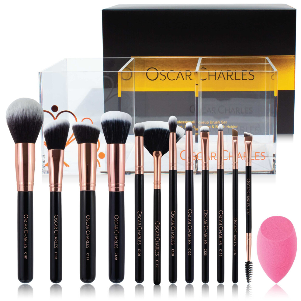 Oscar Charles Radiance Makeup Brush Set: Professional Makeup Brushes Set, With Beauty Sponge & Brush Holder