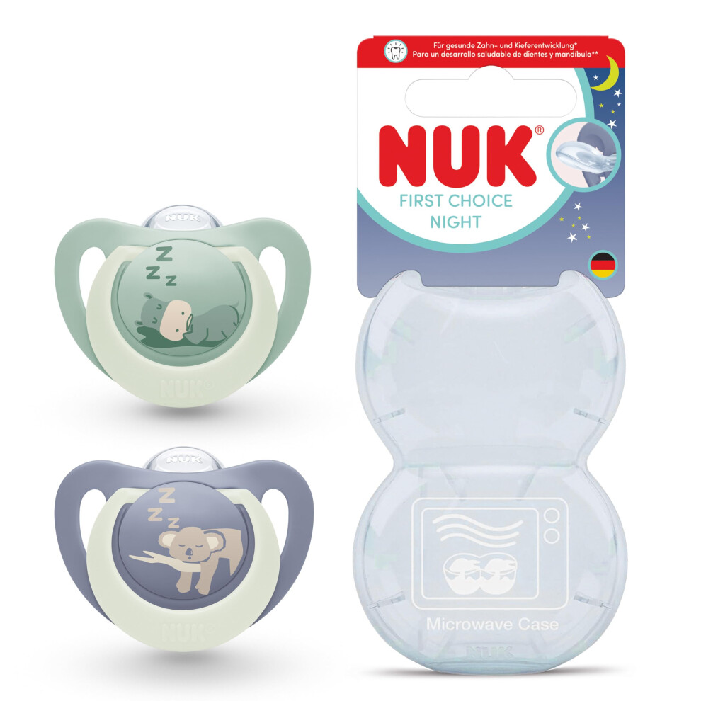 First Choice Night Baby Dummies | 0-6 Months | Orthodontic Soothers That Glow In The | Soothes 99% Of Babies** | Hippo & Koala | 2 Count Dark Nuk