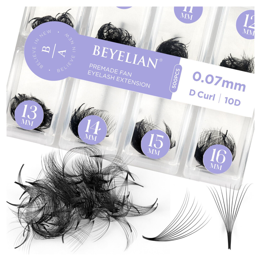 Beyelian 500 Fans Premade Fans Eyelash Extensions 0.07Mm 10D/20D C/D Curl Volume Lash Extensions Pre Made Fans Lash Extensions Handmade Promade Loose