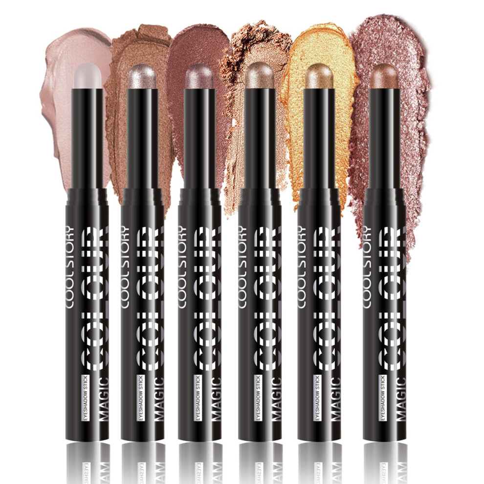 Hqda Cream 6Pcs Eyeshadow Stick Set, Shimmer Eyeshadow Pencil Crayon, Waterproof Long Lasting Eyeshadow Stick Sets Create Glitter Eye Makeup (Set A)