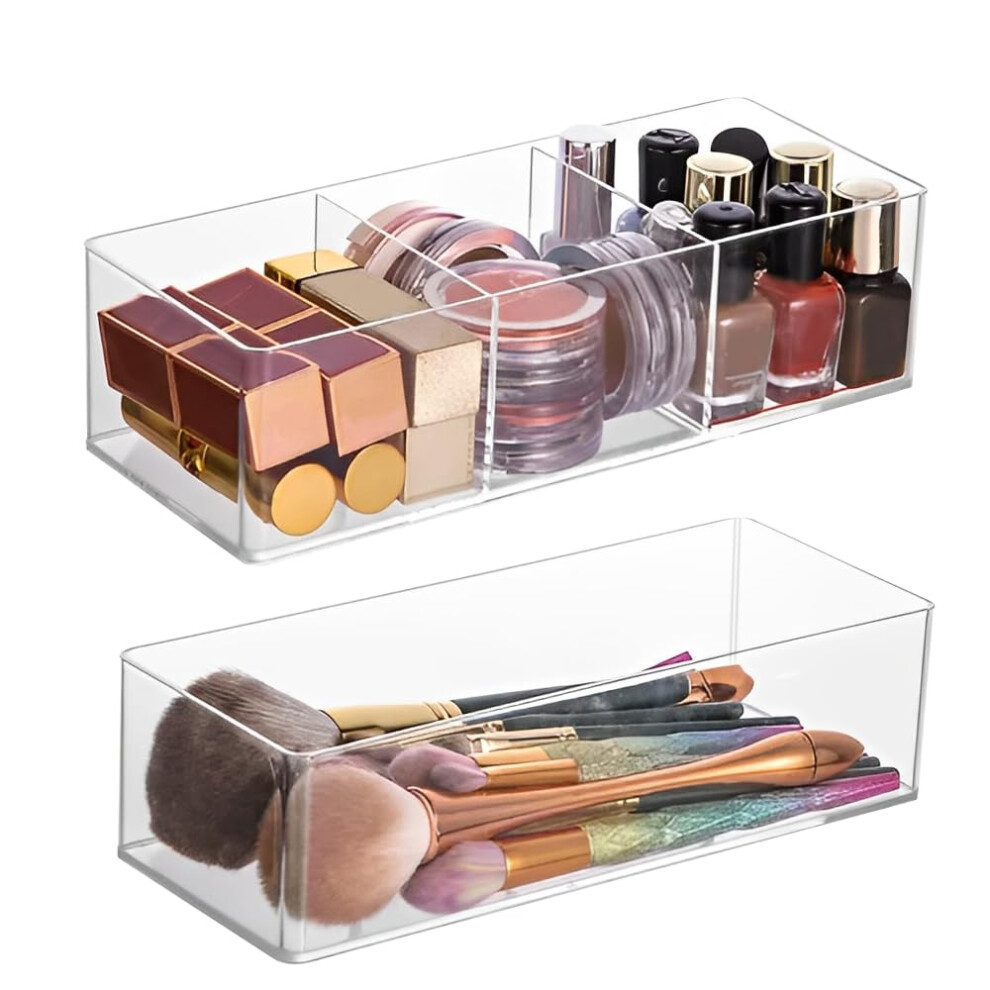 Karbag Set Of 2 Cosmetic Drawer Organiser, 3-Compartment & 1-Compartment Acrylic Makeup Organizer Stackable Organiser Makeup Vanity Organizer Trays