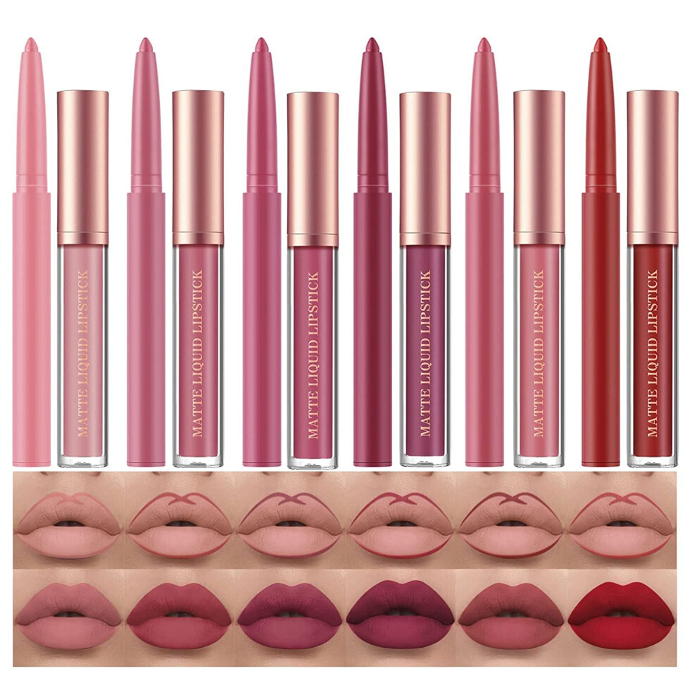 Hqda Cream 12 Pcs Liquid Lipstick Lipliner Set Nude Lipliner Matte Lipstick Long Lasting Non-Fading Waterproof Lip Glosses Makeup Set Gift For Women (Set B)