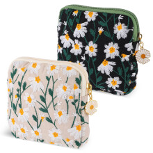 TIESOME Daisies Sanitary Napkin Storage Bag, 2 Pcs Embroidery Menstrual Cup Pouch Cotton Soft Period Holder Bag Portable Tampon Holder Pad Pouch