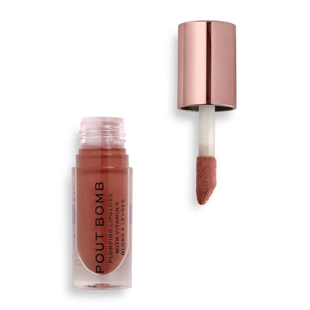 Revolution Beauty London Cream Pout Bomb Plumping Gloss, High Shine, Rich Pigment, Soft Tingle Effect, Cookie Deep Nude