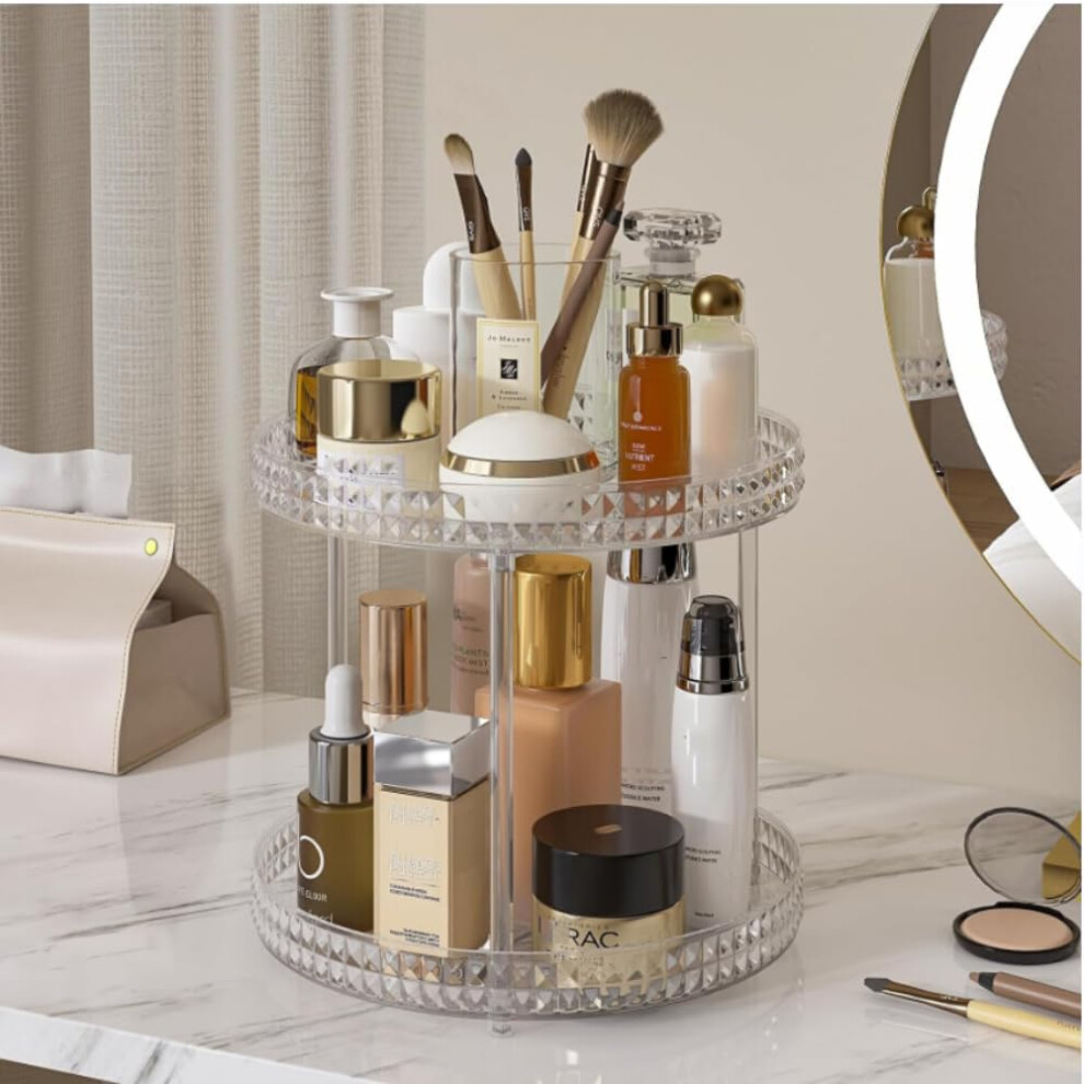 Rownyeon Rotating Makeup Organiser Storage, 2 Tier Clear Skincare Organisers Beauty Storage Perfume Organiser Holder Stand Spinning Make Up