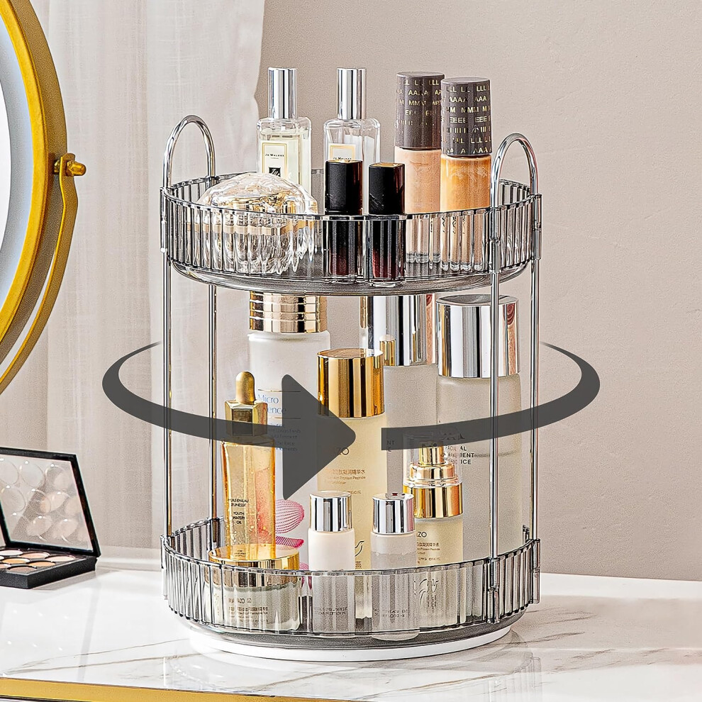 Bingobang Makeup Organiser 360 Rotating, Spinning 2 Tiers Skincare Cosmetic Organizer Acrylic Large, Tidy Storage Shelf For Perfume, Jewelery, Brush
