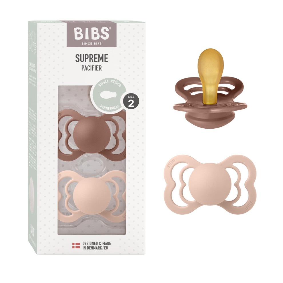 Supreme Soother 2-Pack, Bpa Free Dummy Pacifier, Symmetrical Nipple. Natural Rubber Latex, Size 2 (6-18 Months), Woodchuck/Blush Bibs
