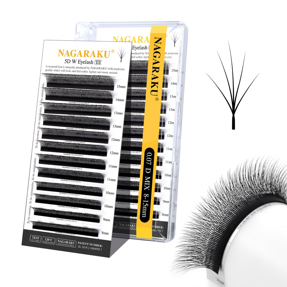 Nagaraku Black 5D Lashes, W Shape Eyelash Extensions Version 3.0 Soft Volume 0.07Mm D Curl 8-15Mm Mix Premade Fan Lashes Matte 5 Tips False Eyelashes