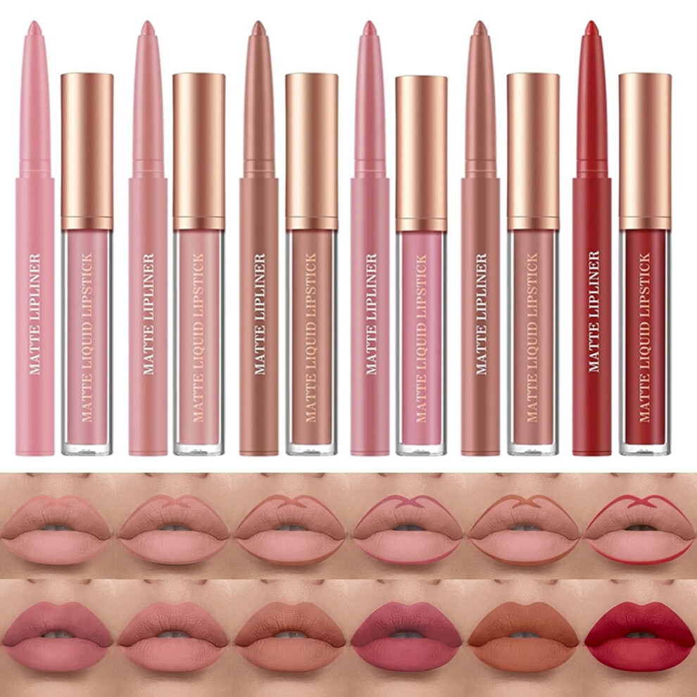 Hqda Cream 12 Pcs Liquid Lipstick Lipliner Set Nude Lipliner Matte Lipstick Long Lasting Non-Fading Waterproof Lip Glosses Makeup Set Gift For Women (Set C)