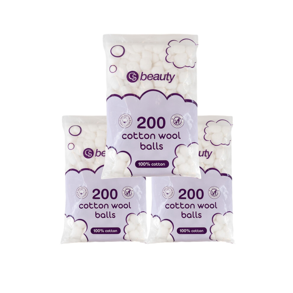 Cs Beauty White 200 Cotton Wool Balls - 100% Cotton (3 Packs (600 Balls))