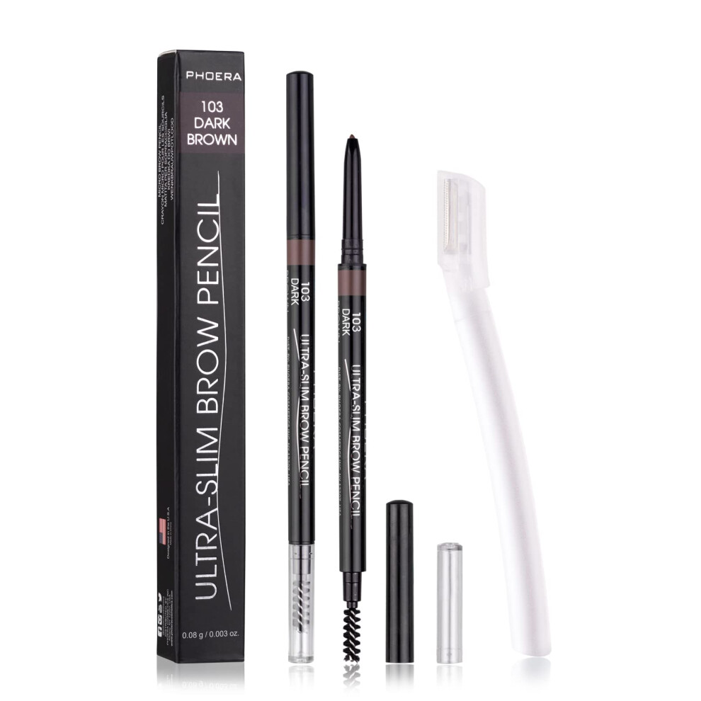 Fitdon 2 Packs Ultra Slim Eyebrow Pencil, Micro Brow Definer Pencil With Eyebrow Razors, Waterproof, Long-Lasting