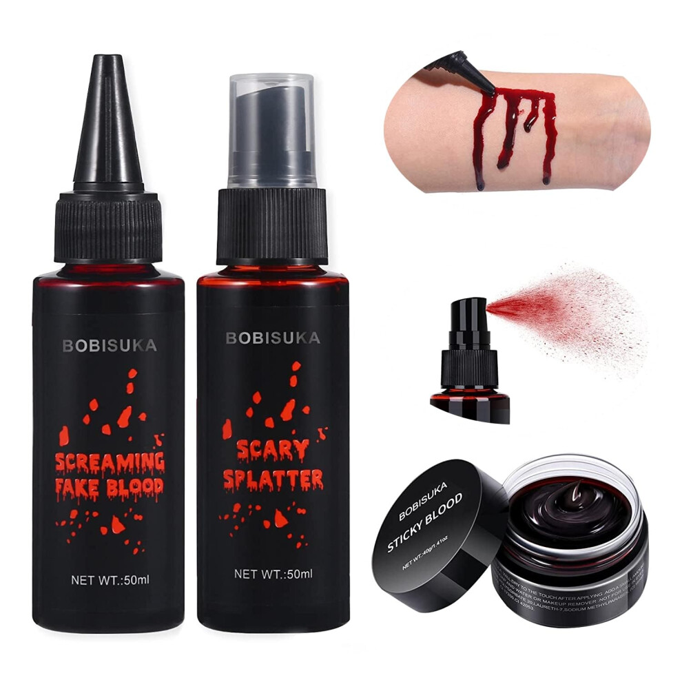 Bobisuka Halloween Fake Blood Makeup Kit - Realistic Washable Special Effects Sfx Makeup Coagulated Blood + Dripping Blood + Spray For Zombie Vampire