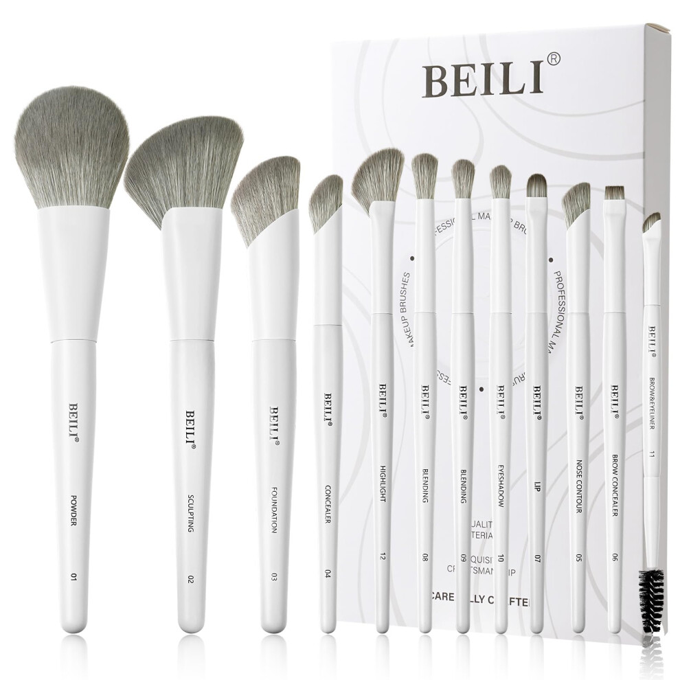 Beili Makeup Brushes, White Make Up Brushes, 12 Vegan Makeup Brushes For Powder, Foundation, Concealer, Eyebrows, Eyeshadow, Contour, Eyeliner