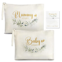 3pc Mum to Be Gifts Set Botanical Sage Green Mummy & Baby Stuff Bags (25x19cm) + Silver Heart Bracelet – Pregnancy Pamper Gift for Baby Shower