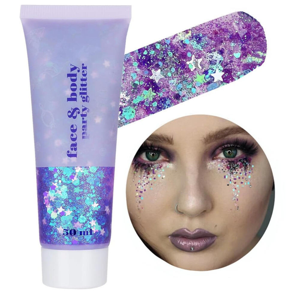 Go Ho Amethyst Purple Body Glitter Gel 50Ml,Singer Concerts Face Glitter Makeup,Holographic Long Lasting Chunky Sequins Glitters For Eye Lip Hair
