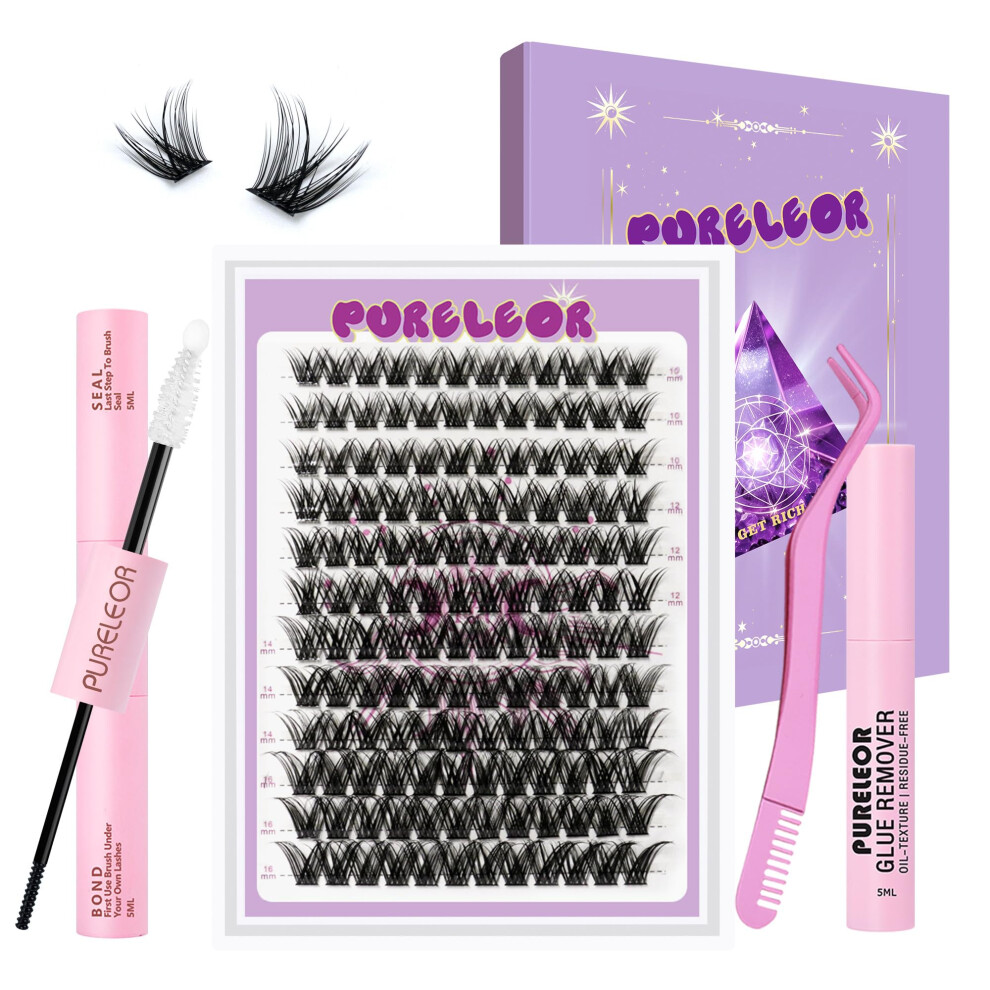 Pureleor Individual Lashes Kit Cluster Eyelashes Kit Lash Bond And Seal, Clusters Lash Glue Remover And Eyelash Tweezers For Eyelash Extensions At Home