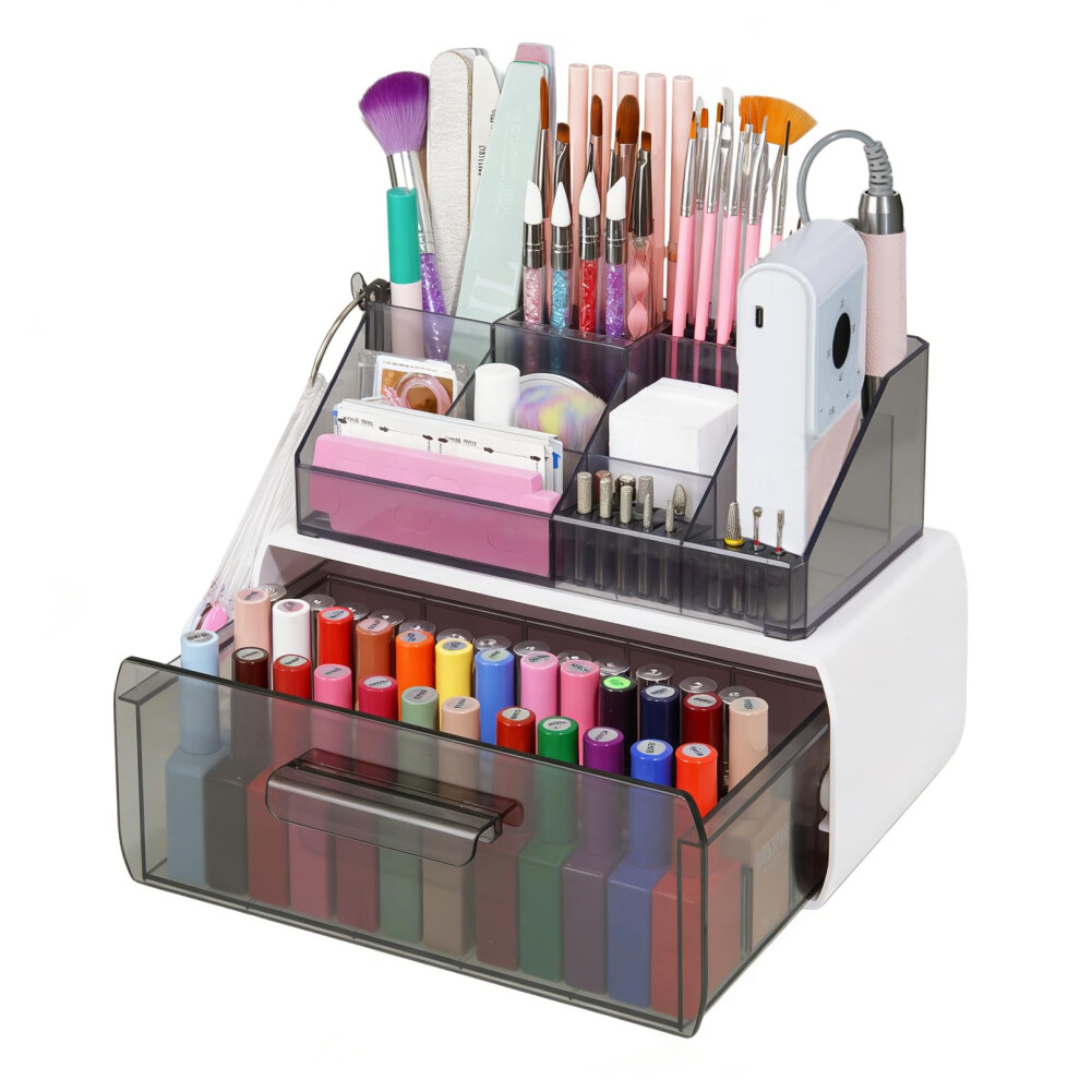 Yokilly Nail Polish Organiser Storage Box: 2 Layers Nail Tech Supplies Acrylic Organiser Stand With Drawer