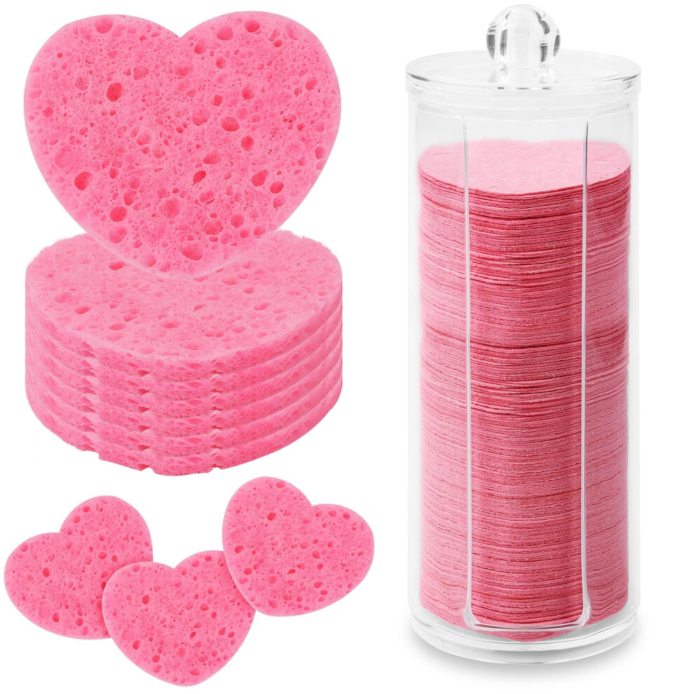 Savita Pink 120Pcs Facial Sponges, Compressed Facial Sponges Heart Shape Face Sponges With Container Disposable Sponge Pads For Face Cleaning Removing Makeup
