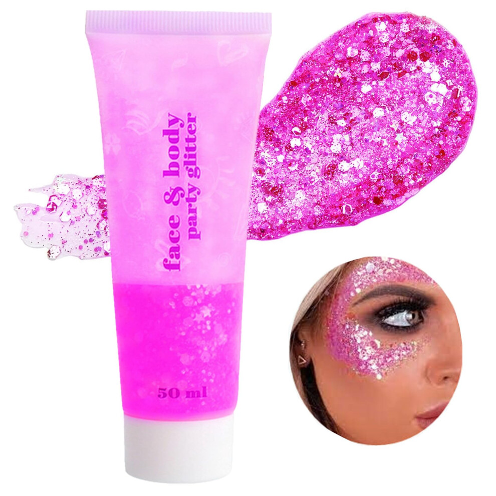 Go Ho Hot Pink Body Glitter Gel,Singer Concerts Pink Face Glitter Makeup,Holographic Long Lasting Chunky Sequins Glitters For Eye Lip Hair