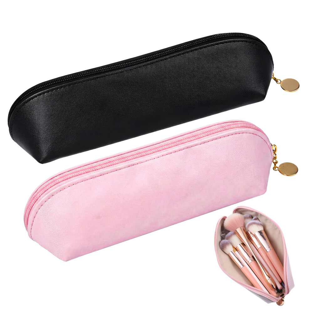 Skrfren 2 Pcs Leather Makeup Brush Bag With Zipper, Portable Travel Mini Cosmetic Bag Makeup Brush Pouch