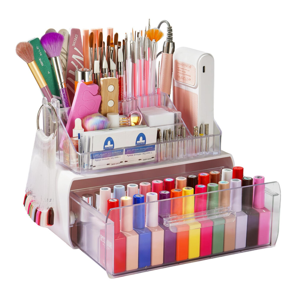 Yokilly Nail Polish Organiser Storage Box: 2 Layers Nail Tech Supplies Acrylic Organiser Stand With Drawer