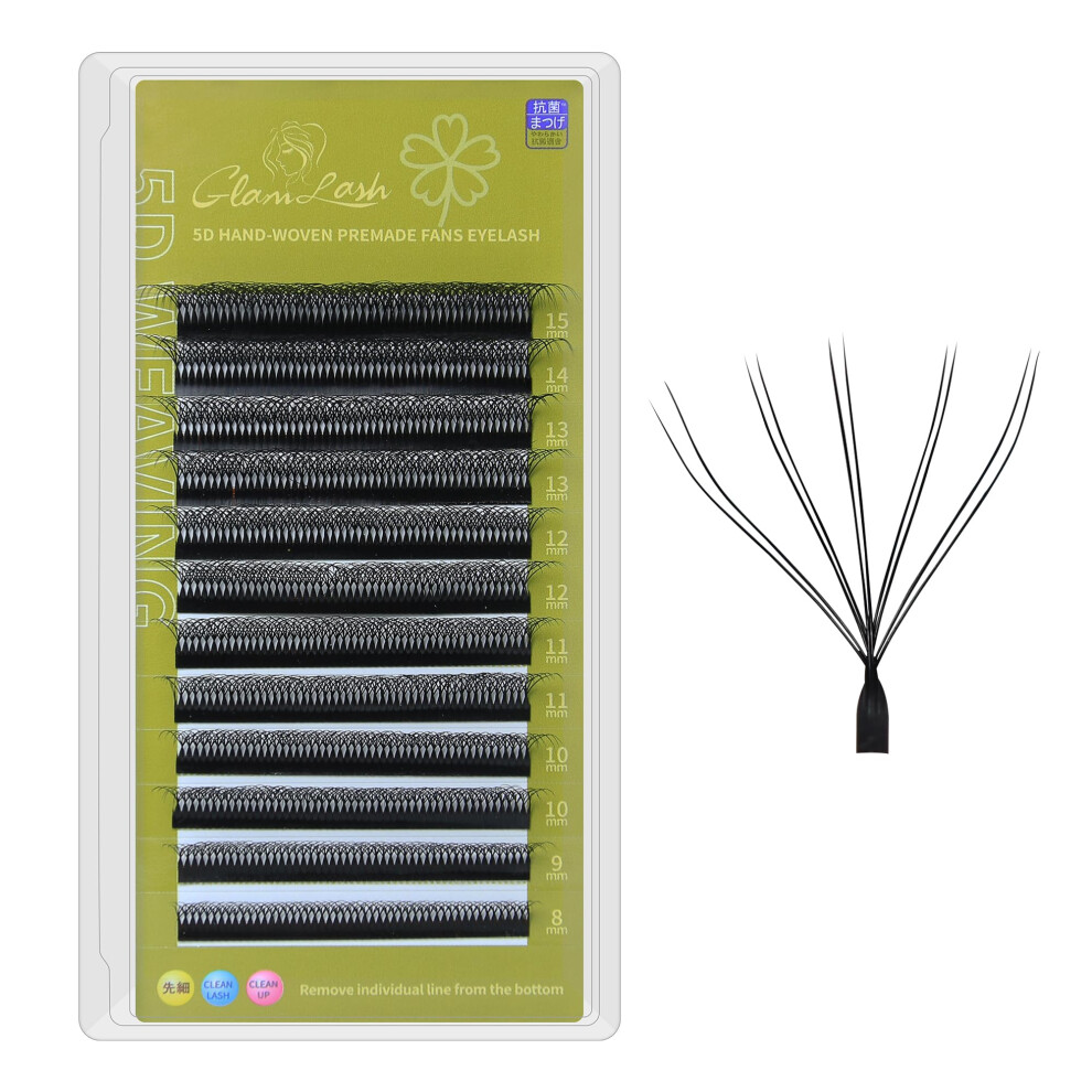 Glamlash 5D Double Tips W Eyelash Extensions Premade Fans Russian Volume False Lash(0.07Mm,L Curl,9-13Mm Mix)