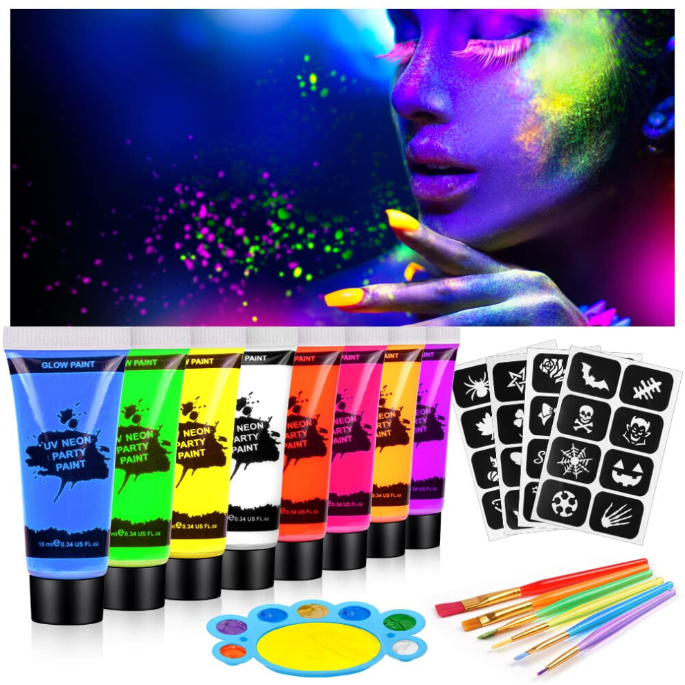 Aoowu Ultraviolet Glow Face Body Paint Set, 8 Colors Uv Blacklight Neon Fluorescent Face Paint, Non Toxic Face Painting With Palette Brush
