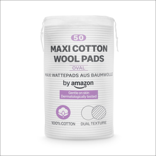 by Amazon Maxi Cotton Wool Pads, Dual Texture, 100% Cotton, 50