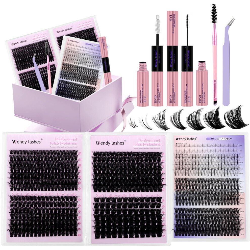 Wendy Lashes Cluster Eyelashes Kit 40D+50D/60D+80D+100D+150D With Bottom+7D Spike Fans, Mix 10-18Mm D Curl, Bond & Seal, Tweezers & Brush