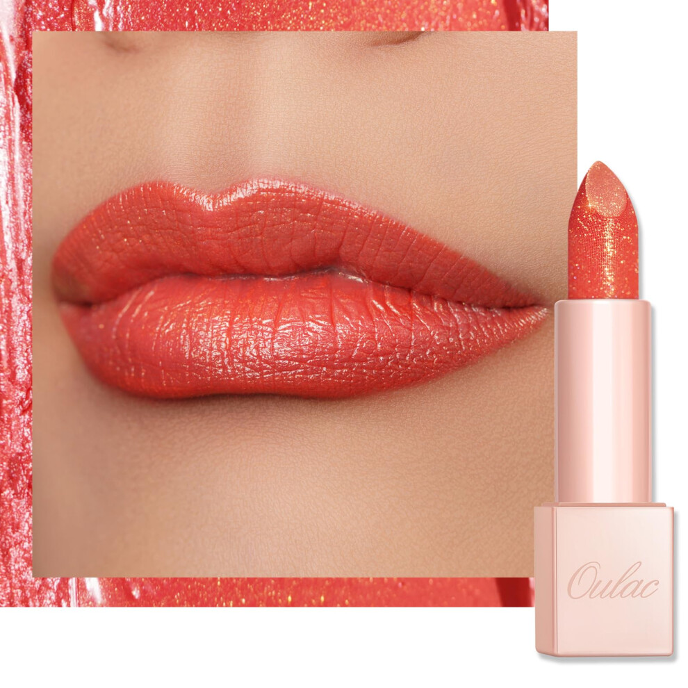 Oulac Orange,Red Coral Red Shimmer Lipstick For Women-Moisture Tinted Lip Balm For Dry Lips, Glitter Surface, Creamy Formula, Hydrating & Smooth