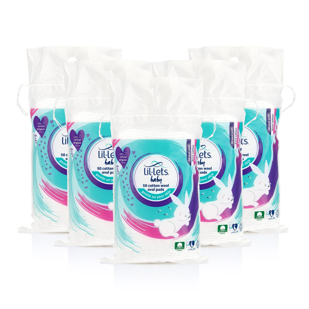 Lil-Lets Baby Cotton Wool Oval Pads, X 250 (5 Packs Of 50 Ovals), Certified Organic, 100% Pure Cotton Wool, Soft And Absorbent