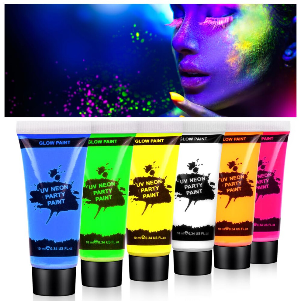 Aoowu Ultraviolet Glow Face Body Paint Set, 6 Colors Uv Blacklight Neon Fluorescent Face Paint, Non Toxic Face Painting