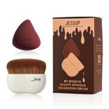 Jessup Makeup Brush - Kabuki Foundation Brush with Sponge for Liquid, Cream or Powder Cosmetics, 1pc