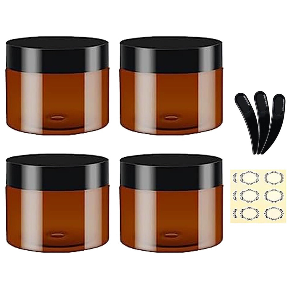 Apstaqeoo Amber/Black Round Cosmetic Containers - 4Pcs, 120Ml Plastic Jars With Lids, 3 Spatula & 6 Labels - Refillable Travel Jars For Lotion