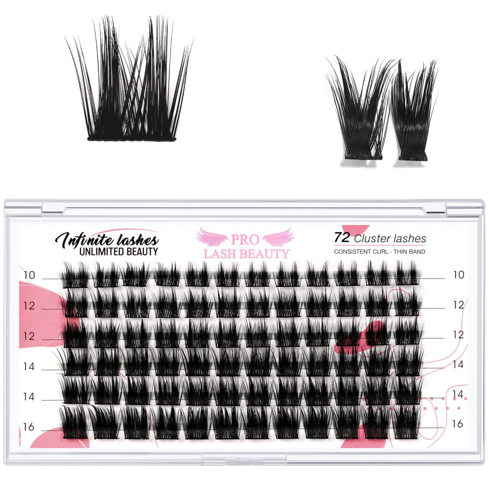 Pro Lashbeauty Lash Clusters, 72 Pcs Individual Cluster Lashes Diy Lash Extension 10-16Mm Eyelash Clusters Volume Wispy Lashes Super Thin Band Reusable Soft &