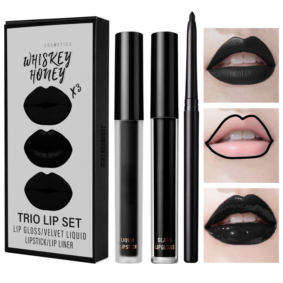 Lophe 3Pcs Black Lip Kit Set | Matte Velvet Liquid Lipstick, Lip Gloss & Lip Liner | Waterproof, Long Lasting Makeup For Halloween, Christmas