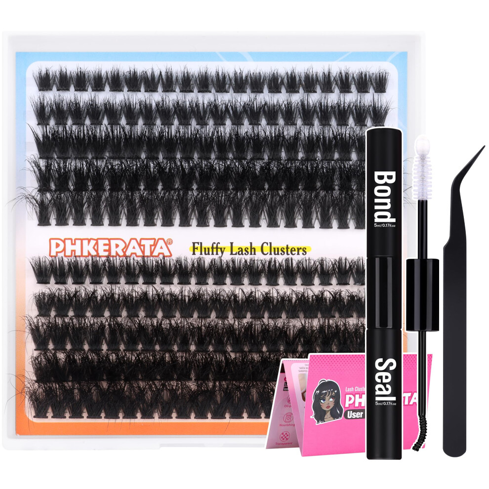 Phkerata Fluffy Cluster Lashes Diy Lash Extension Kit Individual Eyelashes 10-18Mm Lash Clusters With Bond And Seal And Lash Tweezers D Curl 200Pcs Eyelash